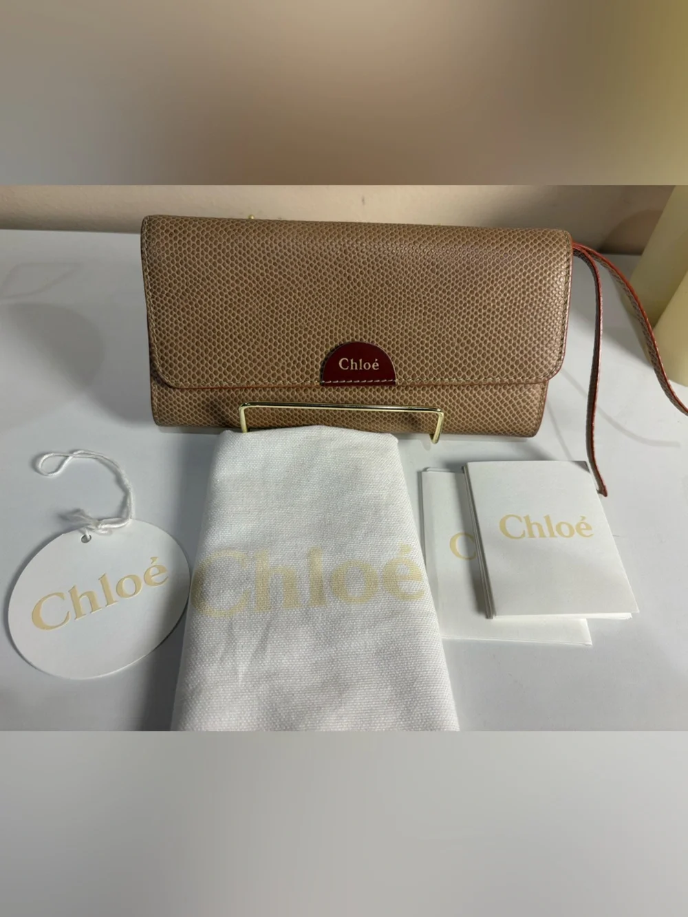 Chloé Bea Long Wallet 3P0153-833 Biscotti Beige Leather Wristlet Tags Dust Bag